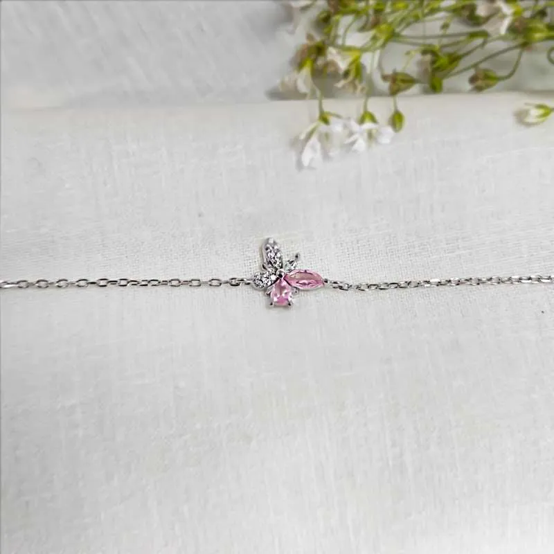 Ethereal Pink Butterfly Silver Bracelet