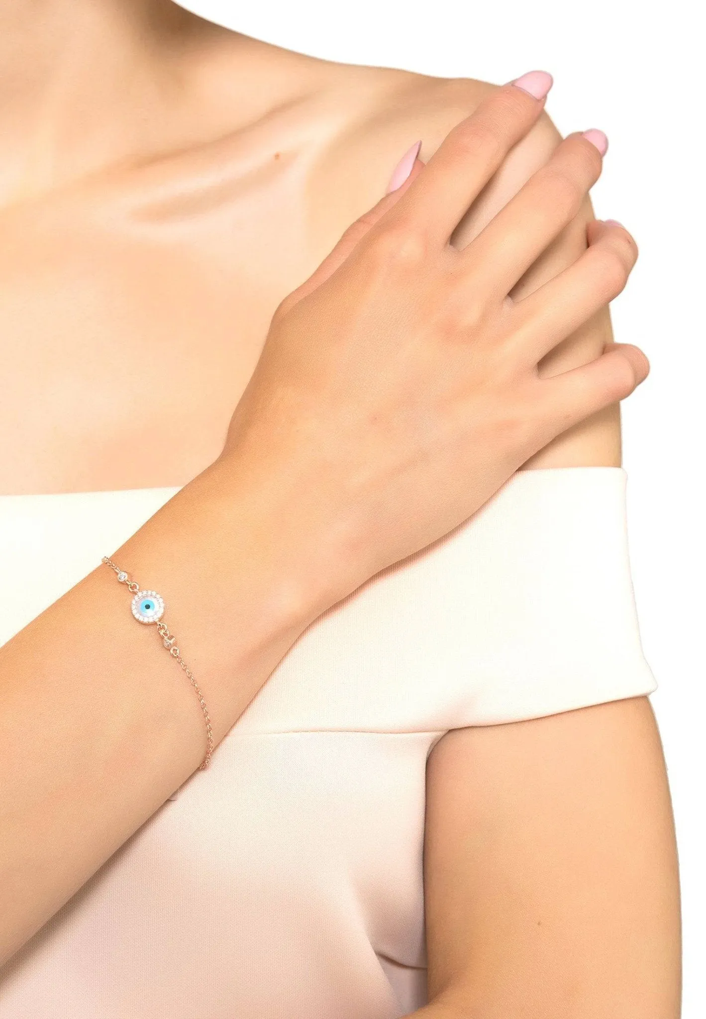 Evil Eye Round Mother Of Pearl Gemstone Bracelet Rosegold