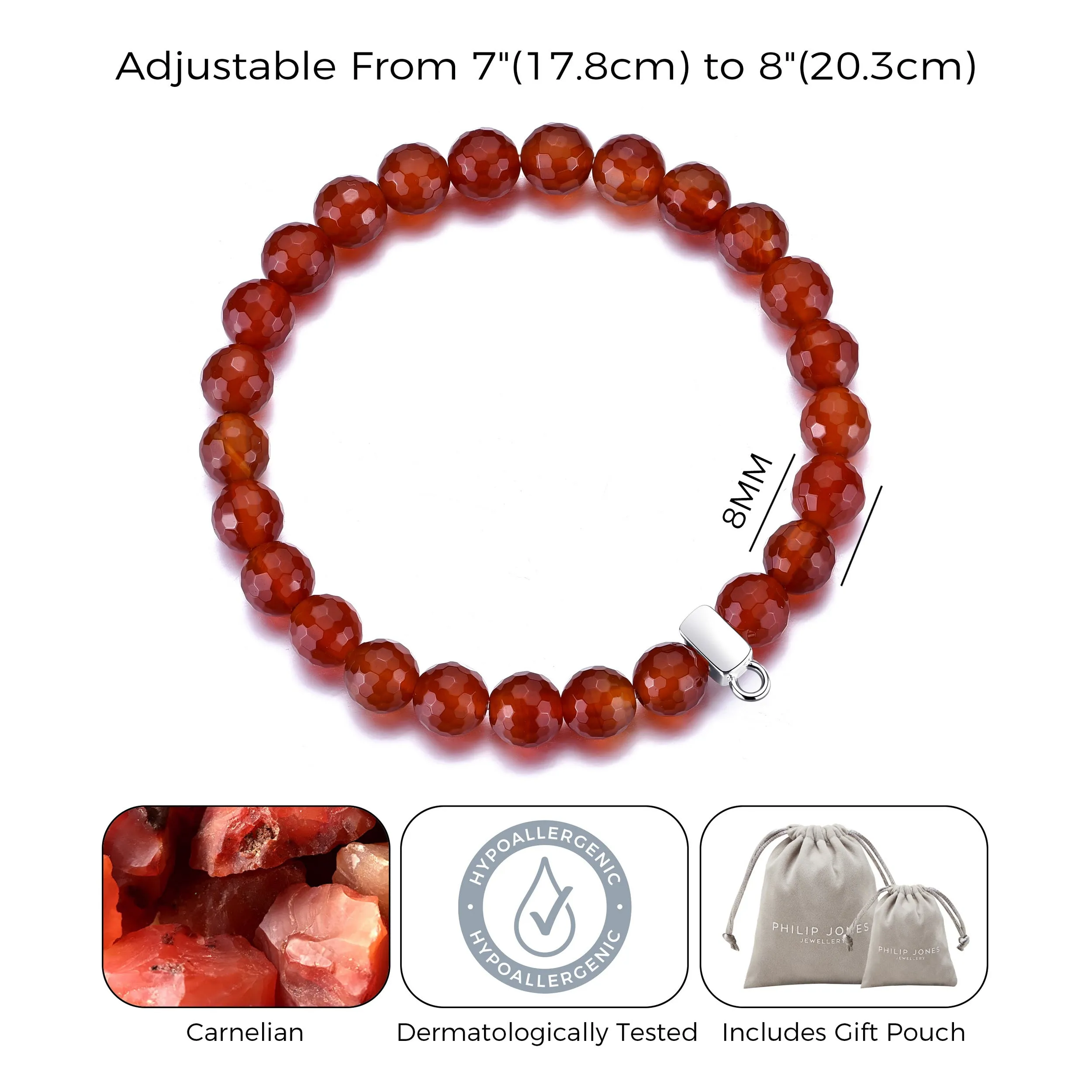 Faceted Carnelian Gemstone Stretch Bracelet with Charm Created with Zircondia® Crystals
