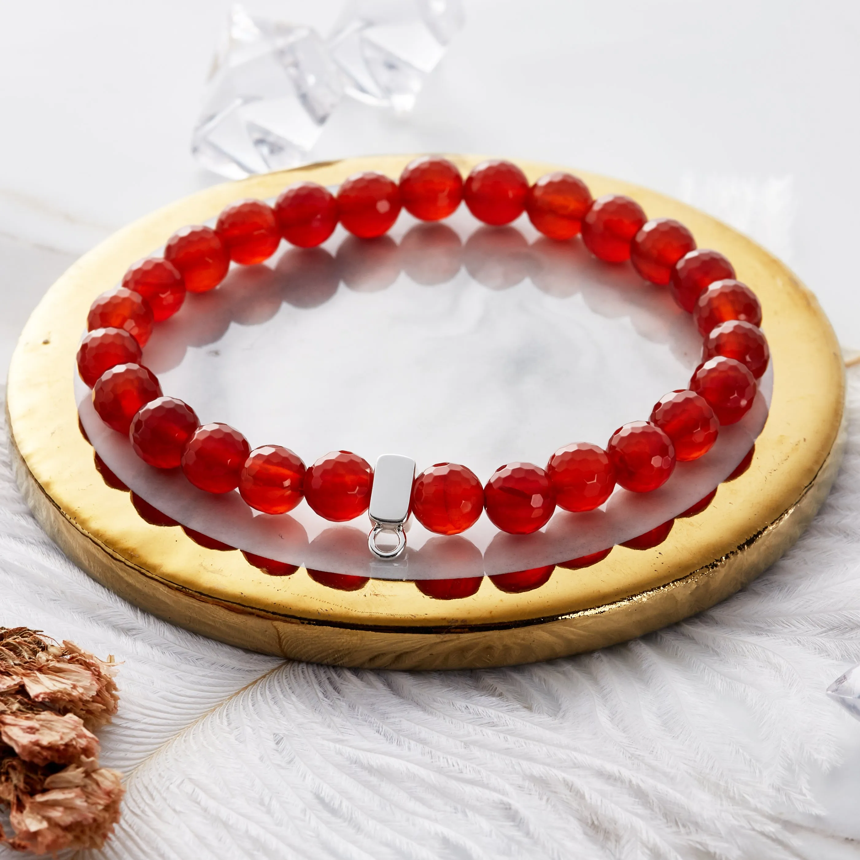 Faceted Carnelian Gemstone Stretch Bracelet with Charm Created with Zircondia® Crystals