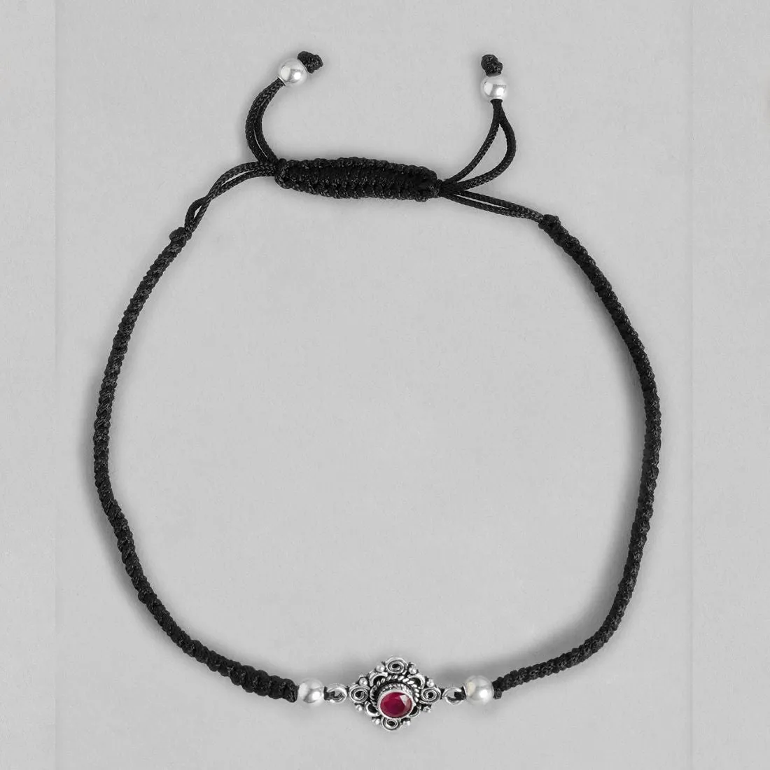 Floral Red Stone Rhodium Plated 925 Sterling Silver Thread Anklet