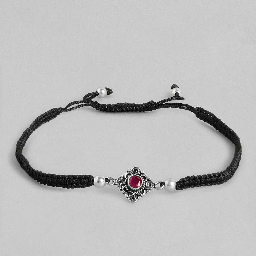 Floral Red Stone Rhodium Plated 925 Sterling Silver Thread Anklet