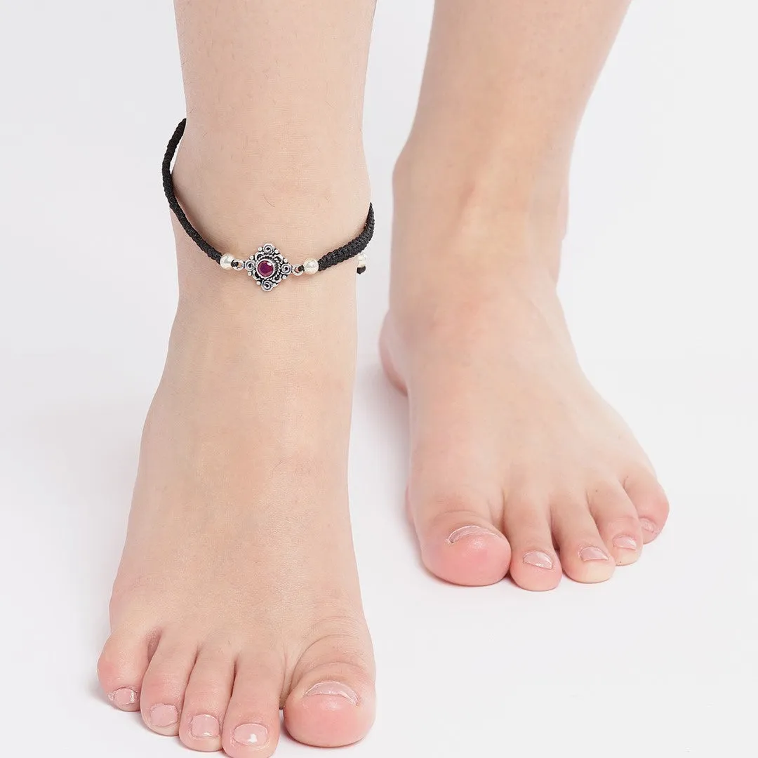 Floral Red Stone Rhodium Plated 925 Sterling Silver Thread Anklet