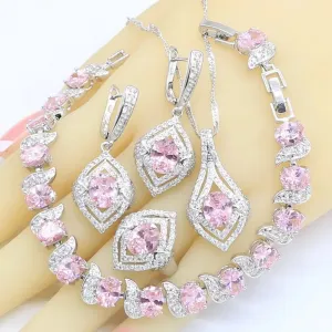 Geometric Pink Zircon  Silver Color Jewelry Sets for Women