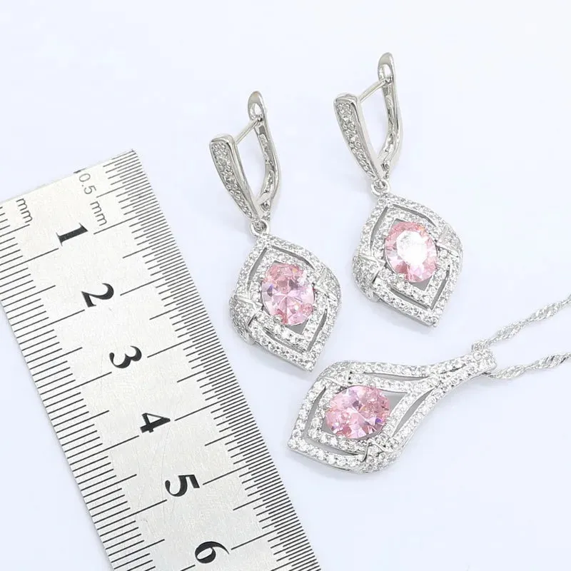 Geometric Pink Zircon  Silver Color Jewelry Sets for Women