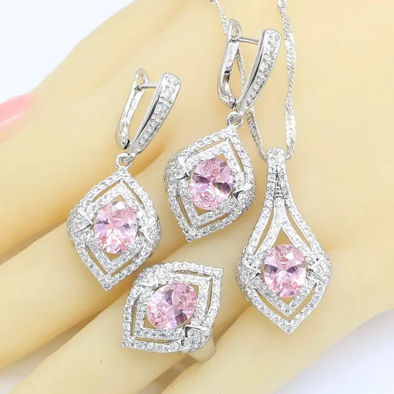 Geometric Pink Zircon  Silver Color Jewelry Sets for Women