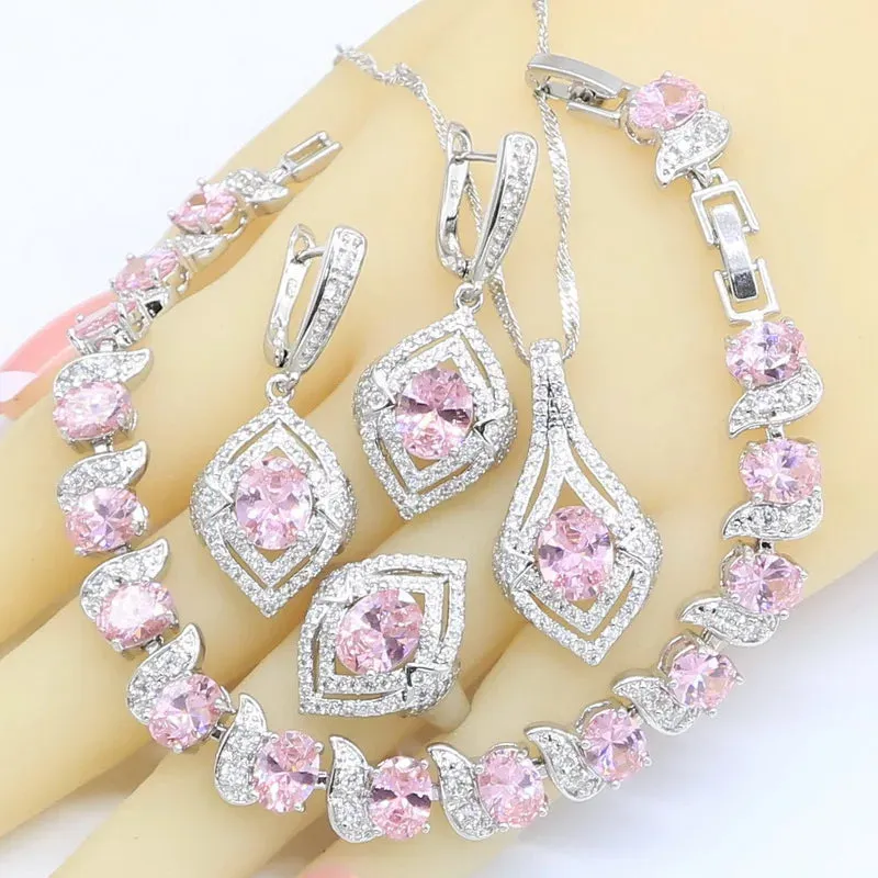 Geometric Pink Zircon  Silver Color Jewelry Sets for Women