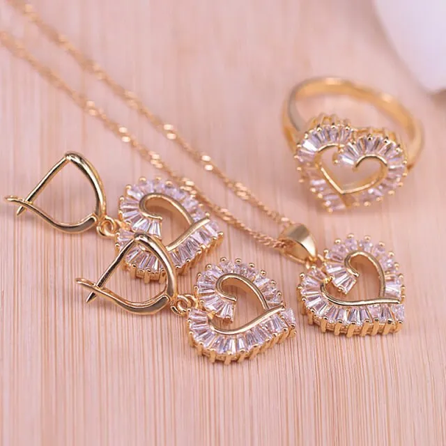 Gold Color Jewelry Set Heart Square White Zircon Bridal Jewelry Set