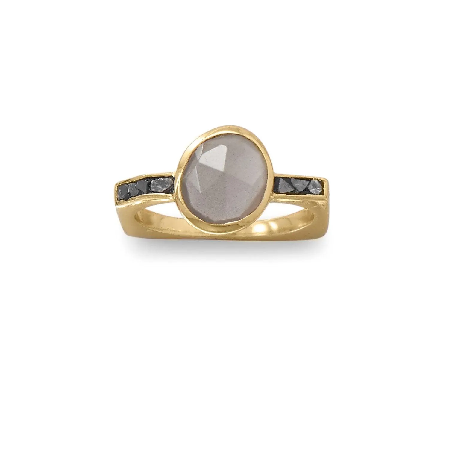 Gold Plated Grey Moonstone and Diamond Chips Ring