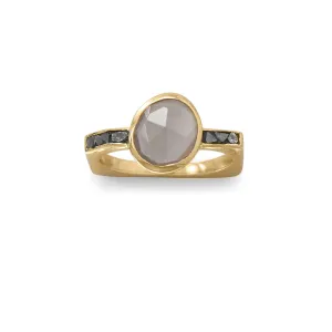 Gold Plated Grey Moonstone and Diamond Chips Ring