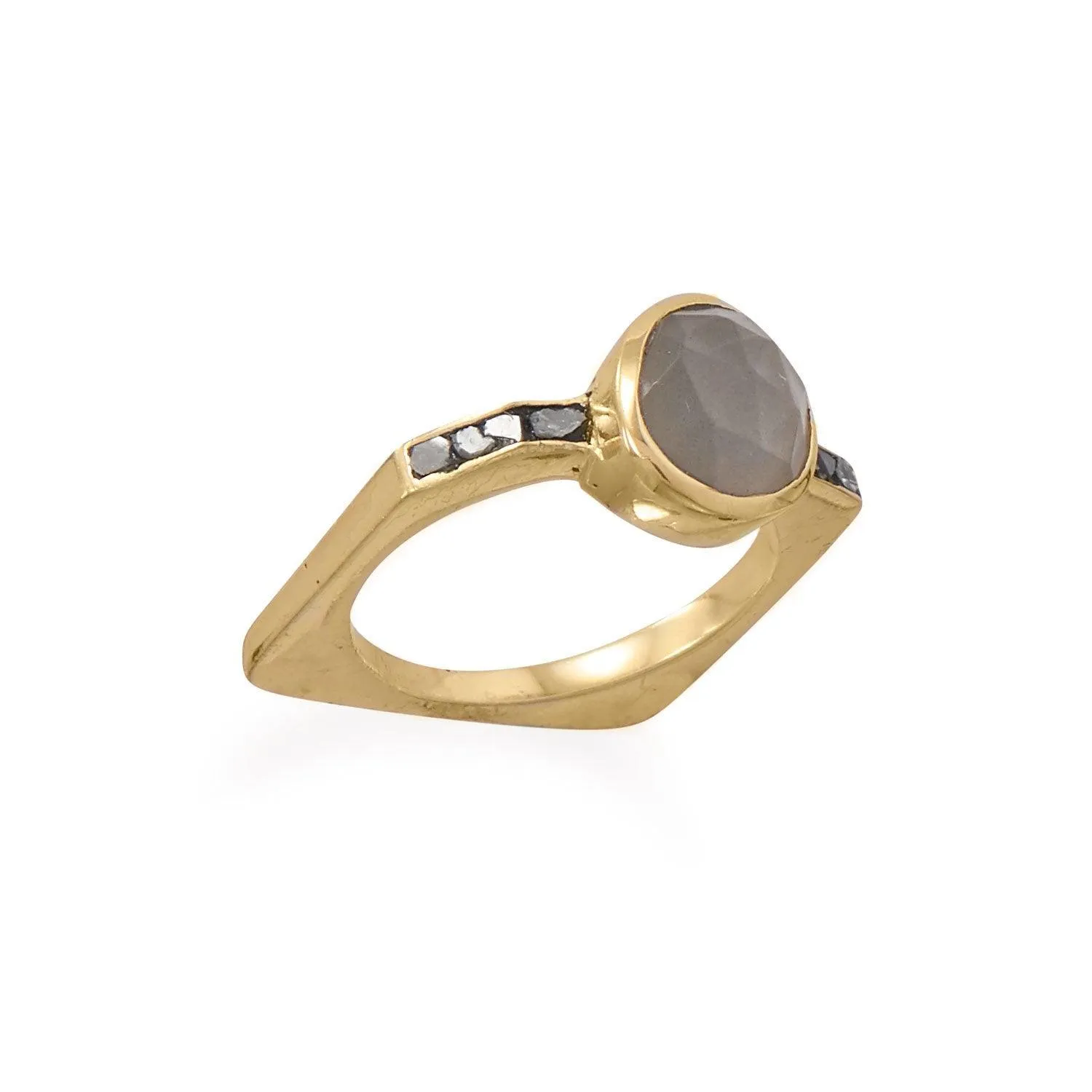 Gold Plated Grey Moonstone and Diamond Chips Ring