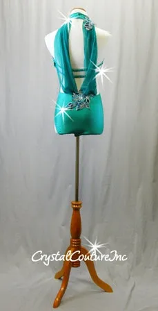 Green High-Neck Leotard with Floral Details and Mesh Draping - Swarovski Rhinestones