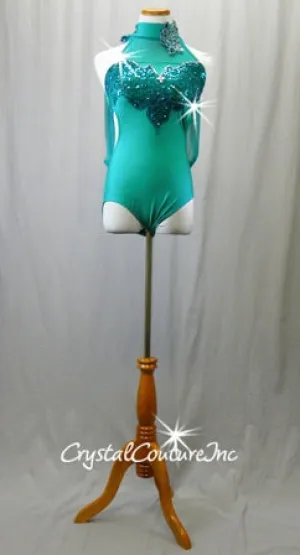 Green High-Neck Leotard with Floral Details and Mesh Draping - Swarovski Rhinestones