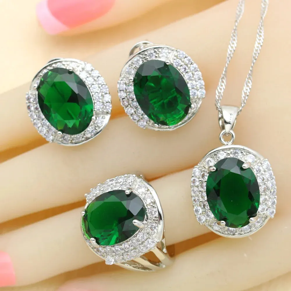 Green Zirconia Necklace Pendant Hoop Earrings Ring Bracelet For Women Gift