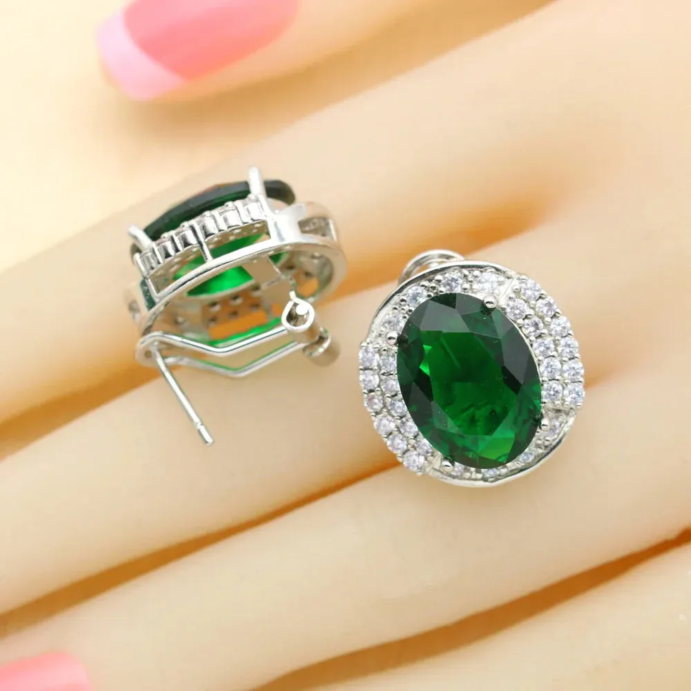 Green Zirconia Necklace Pendant Hoop Earrings Ring Bracelet For Women Gift