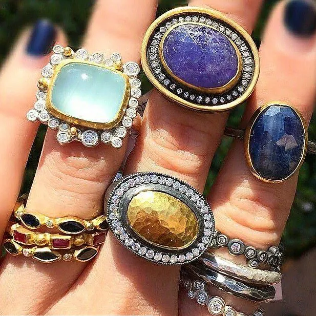 Lika Behar "Love" Stackable Ring Band  in 22K Gold with Rainbow Moonstones LV22-R-506-GMS