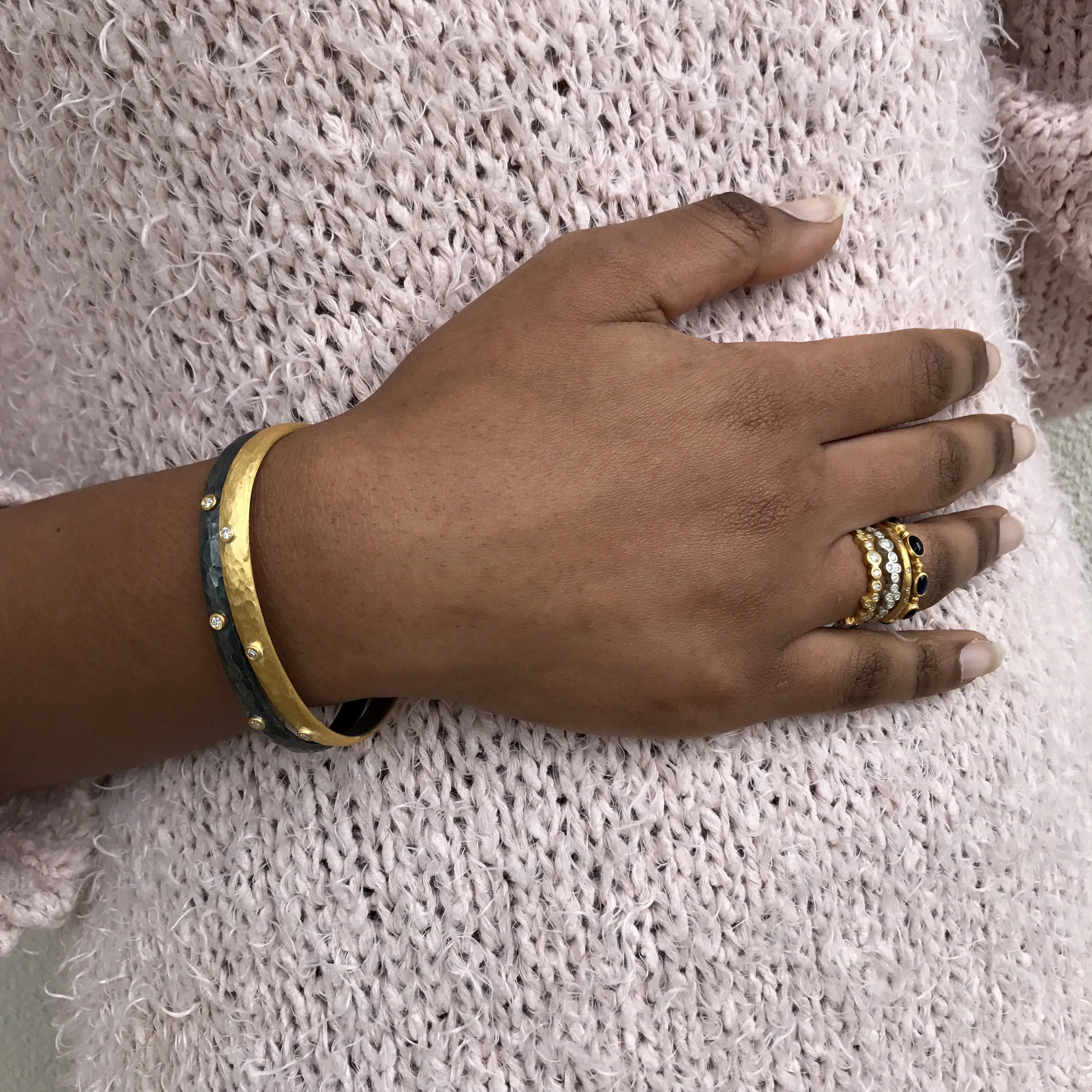 Lika Behar "Love" Stackable Ring Band  in 22K Gold with Rainbow Moonstones LV22-R-506-GMS