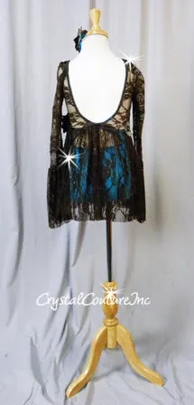Lt Turquoise Leotard with Brown Floral Lace Overlay & Empire Waist Skirt - Swarovski Rhinestones