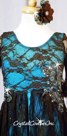 Lt Turquoise Leotard with Brown Floral Lace Overlay & Empire Waist Skirt - Swarovski Rhinestones