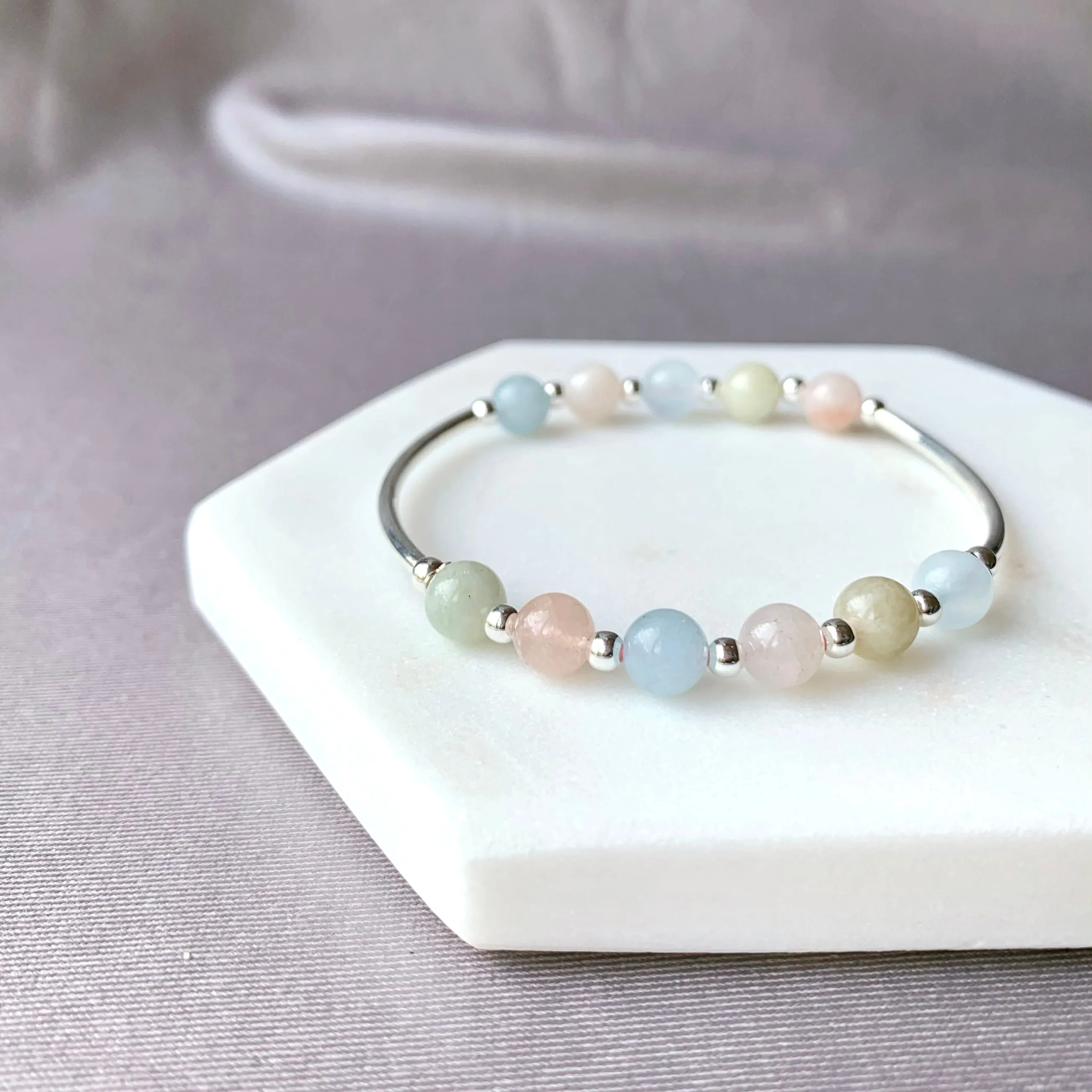 Natural Morganite Sterling Silver Tube Bracelet