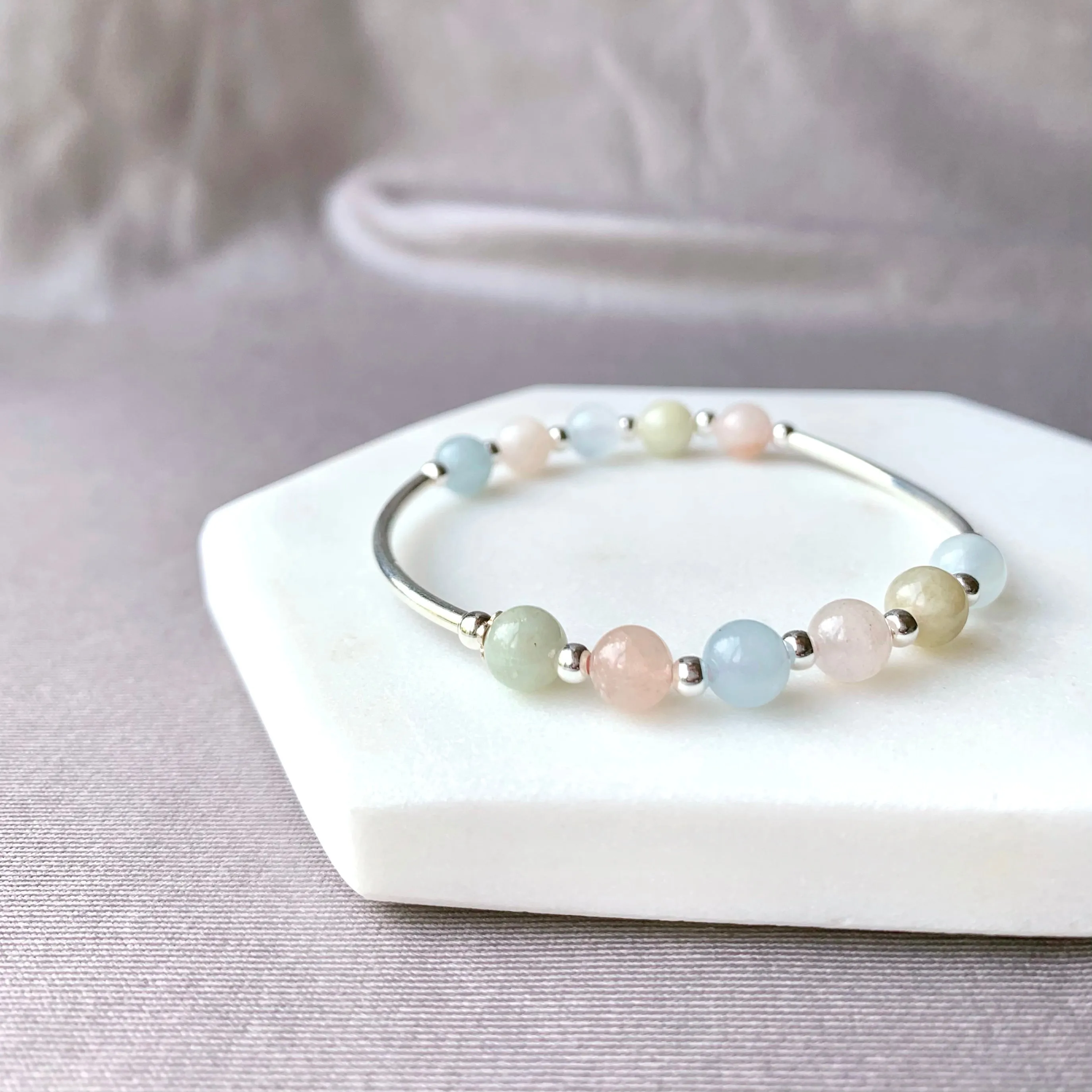 Natural Morganite Sterling Silver Tube Bracelet