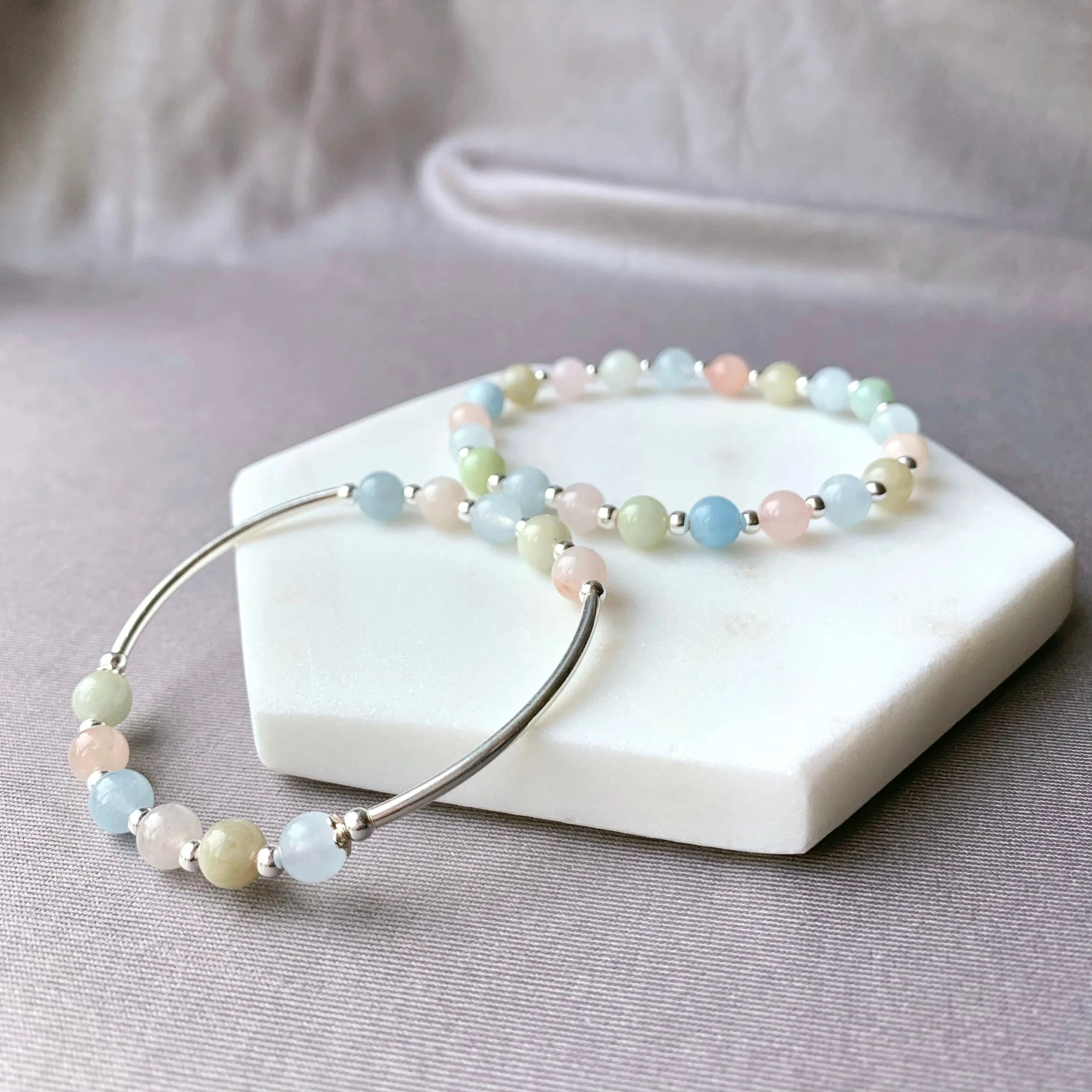 Natural Morganite Sterling Silver Tube Bracelet
