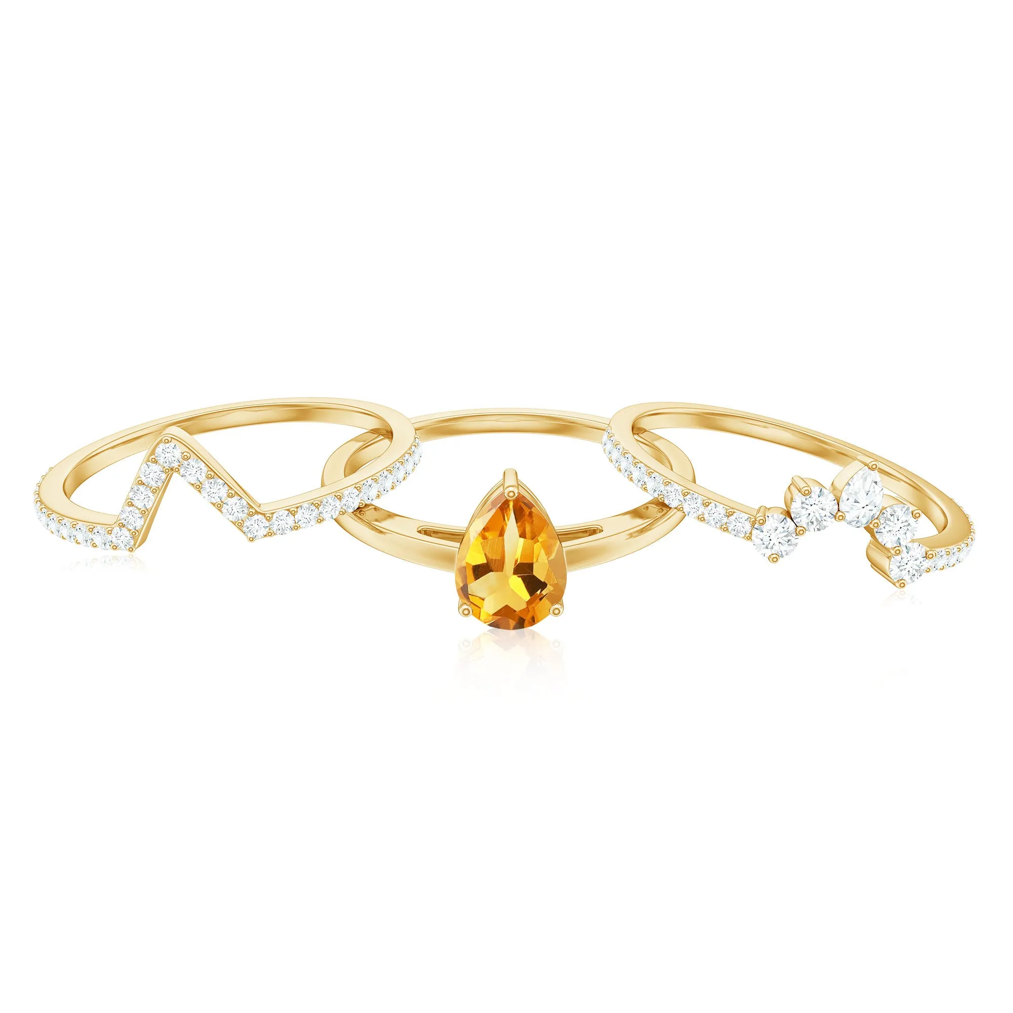 Pear Cut Citrine Trio Wedding Ring Set with Moissanite