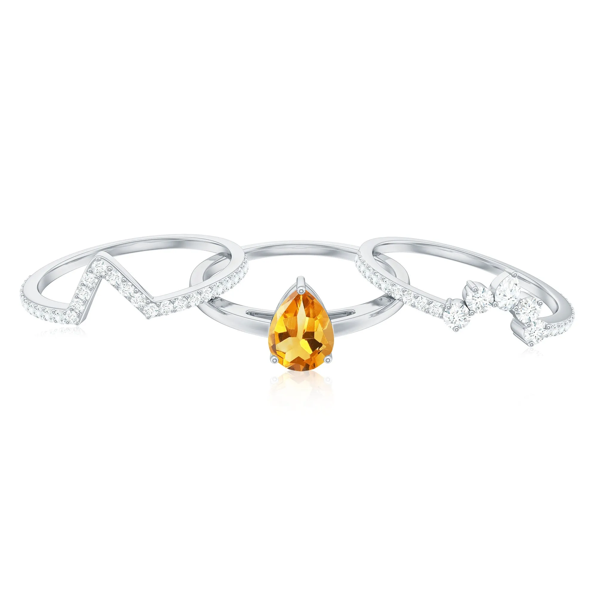 Pear Cut Citrine Trio Wedding Ring Set with Moissanite
