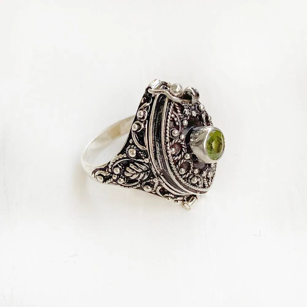 Peridot Marquise Poison Box Silver Ring