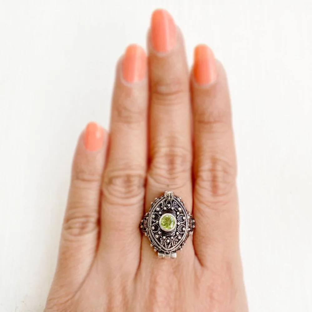 Peridot Marquise Poison Box Silver Ring
