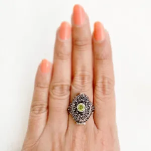 Peridot Marquise Poison Box Silver Ring