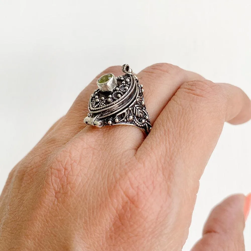 Peridot Marquise Poison Box Silver Ring