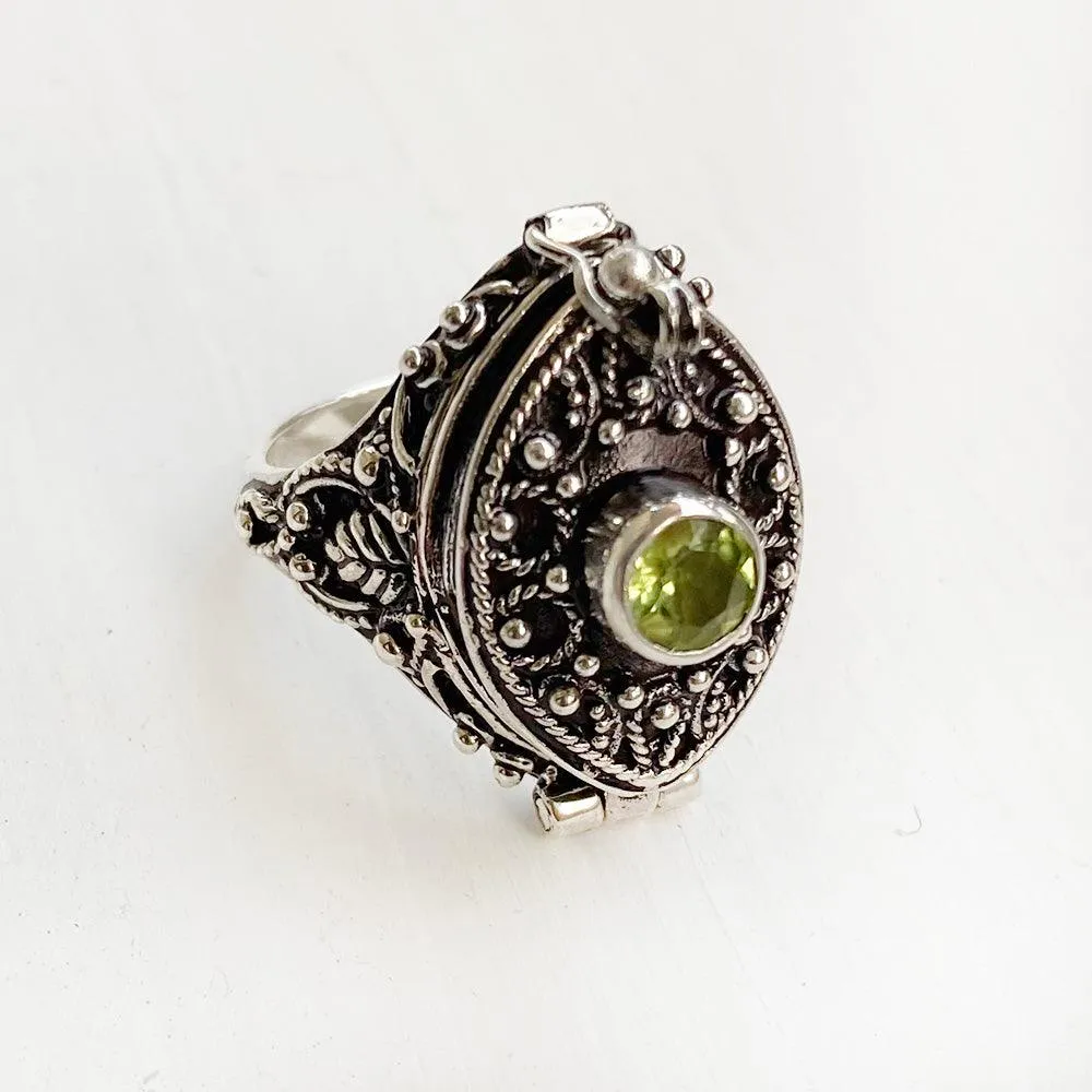 Peridot Marquise Poison Box Silver Ring