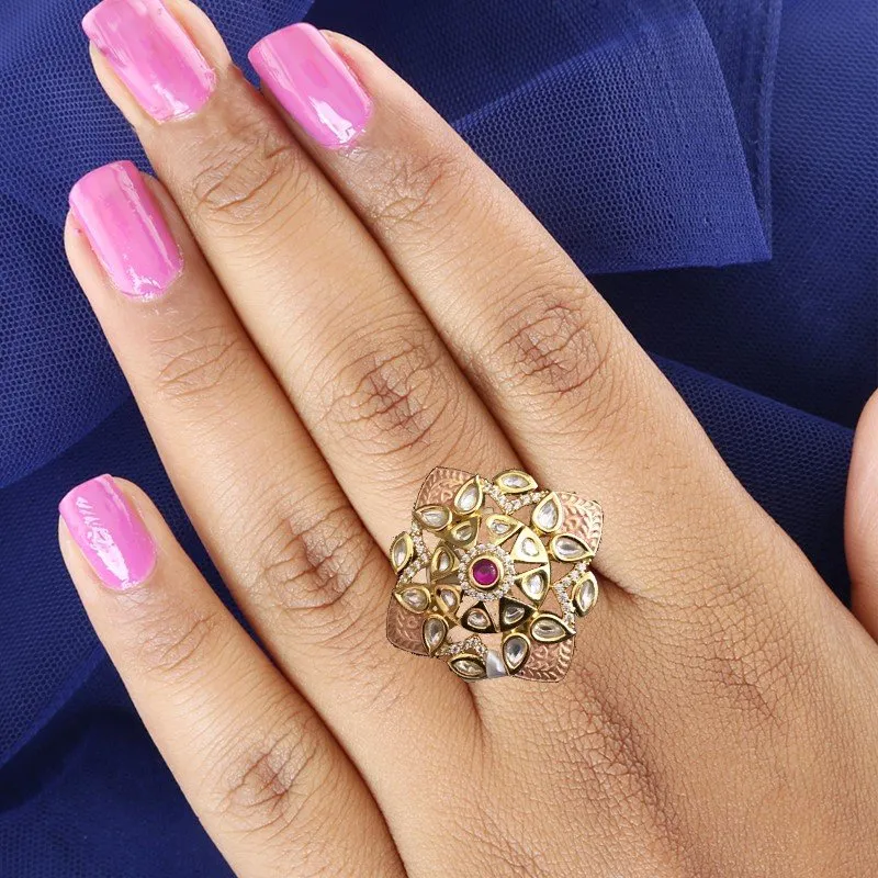 Pink Kundan Cocktail Adjustable Ring 1169-5234