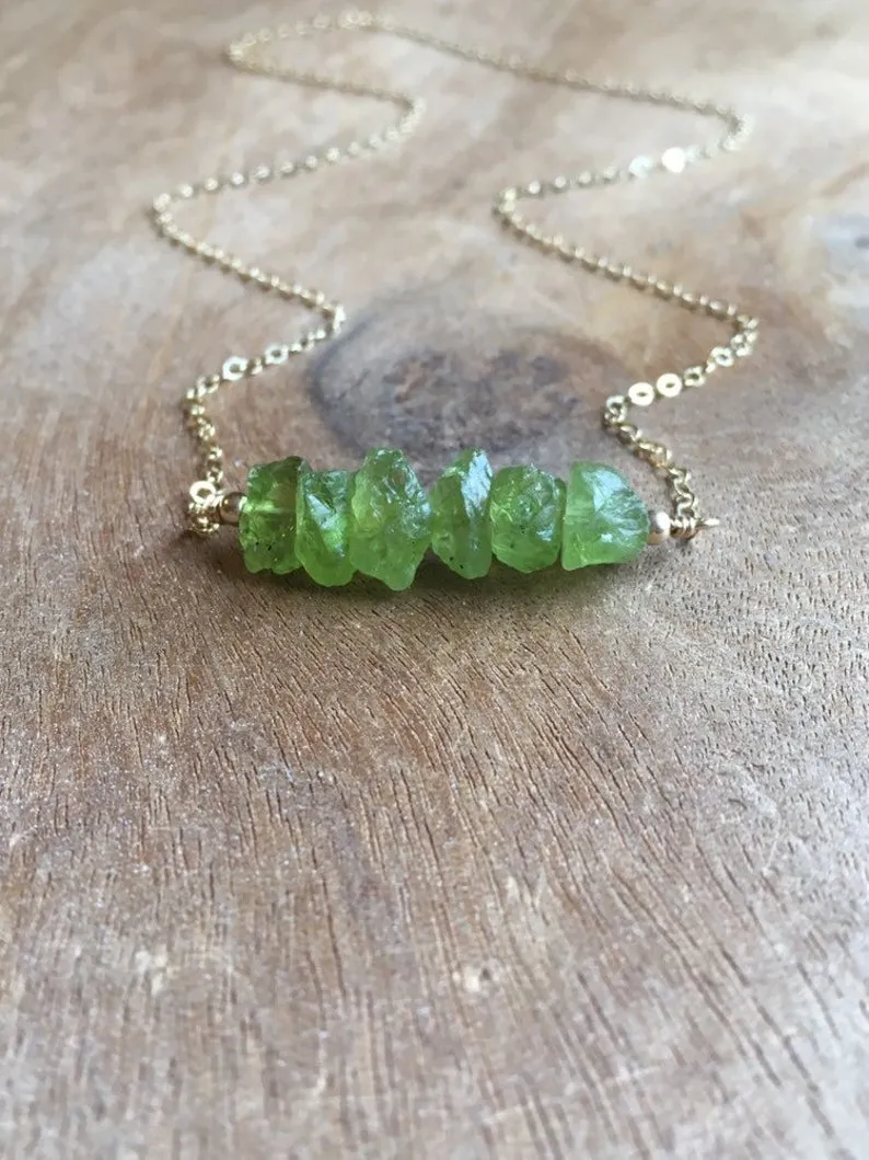 Raw Peridot Crystal Bar Necklace on Silver or Gold