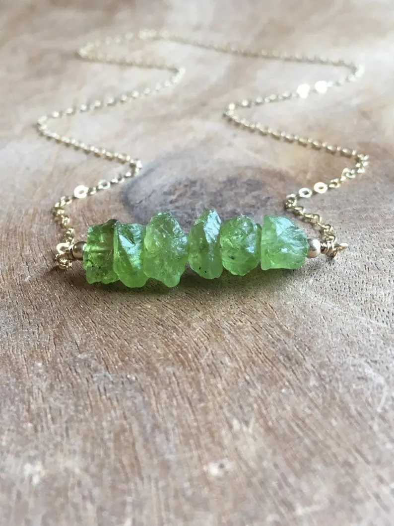 Raw Peridot Crystal Bar Necklace on Silver or Gold