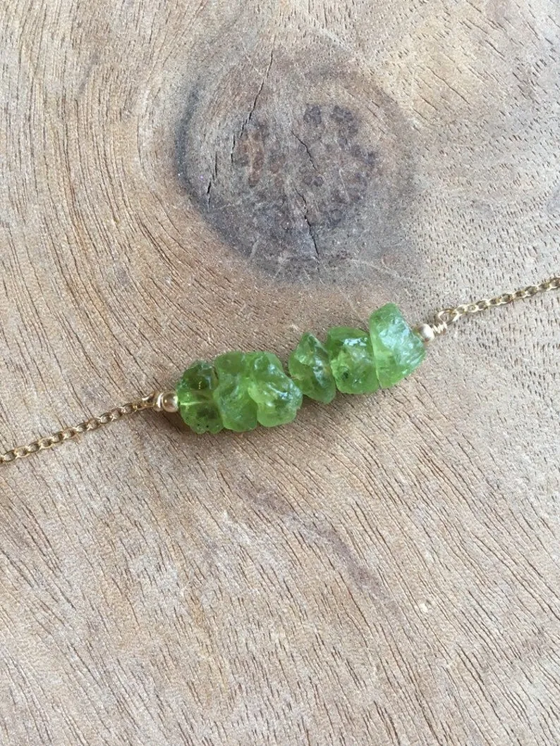 Raw Peridot Crystal Bar Necklace on Silver or Gold
