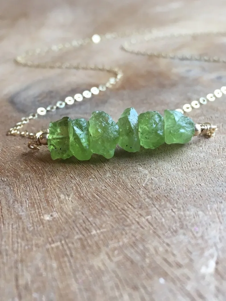 Raw Peridot Crystal Bar Necklace on Silver or Gold