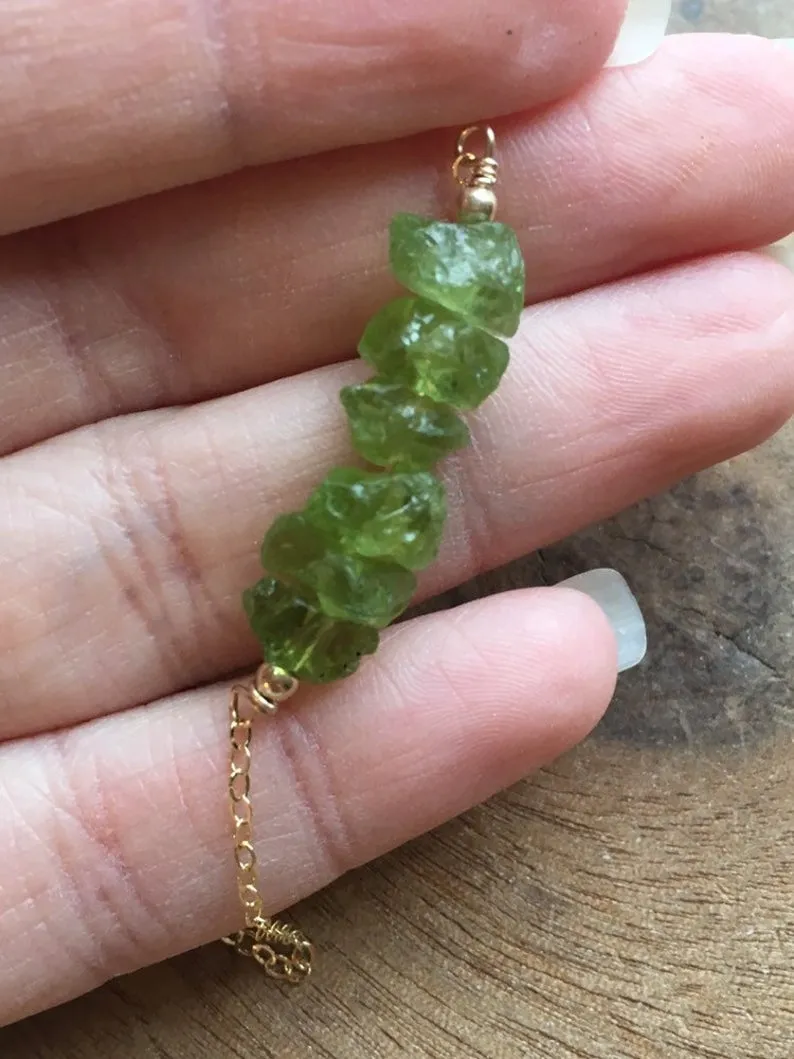 Raw Peridot Crystal Bar Necklace on Silver or Gold