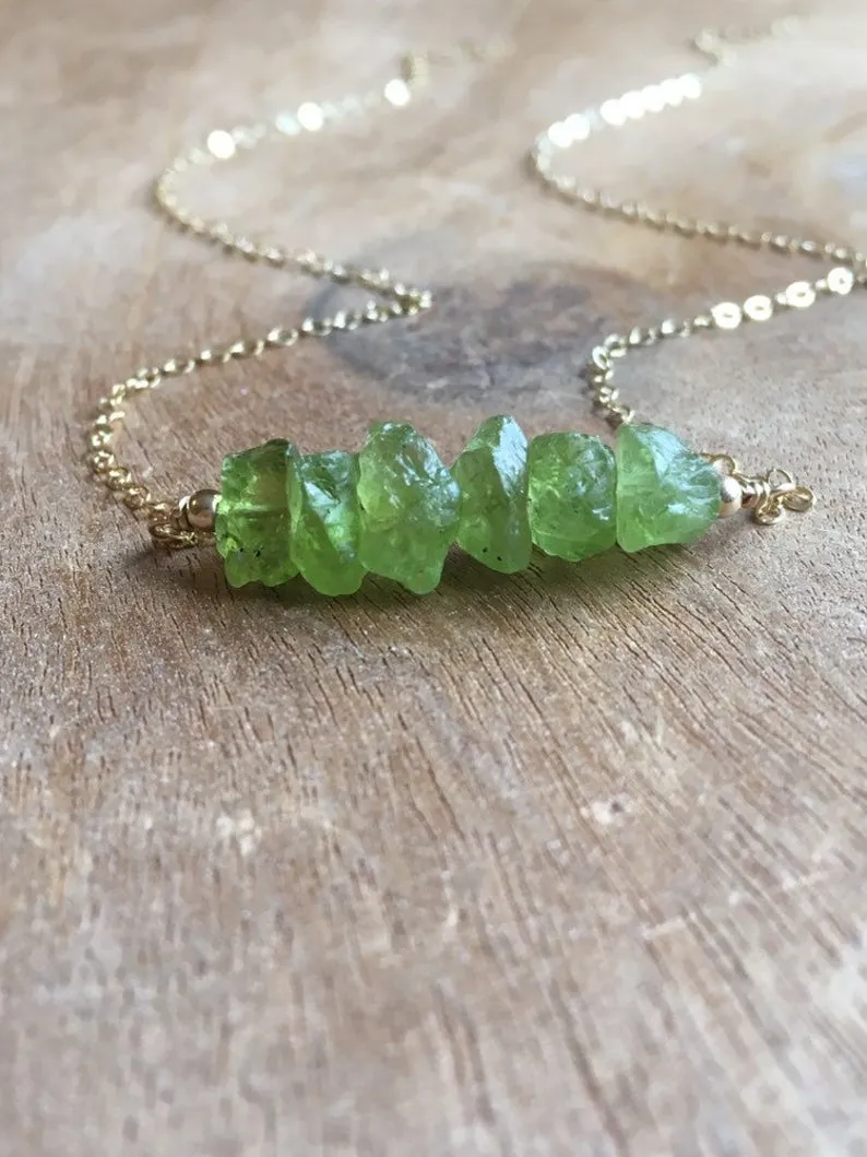 Raw Peridot Crystal Bar Necklace on Silver or Gold