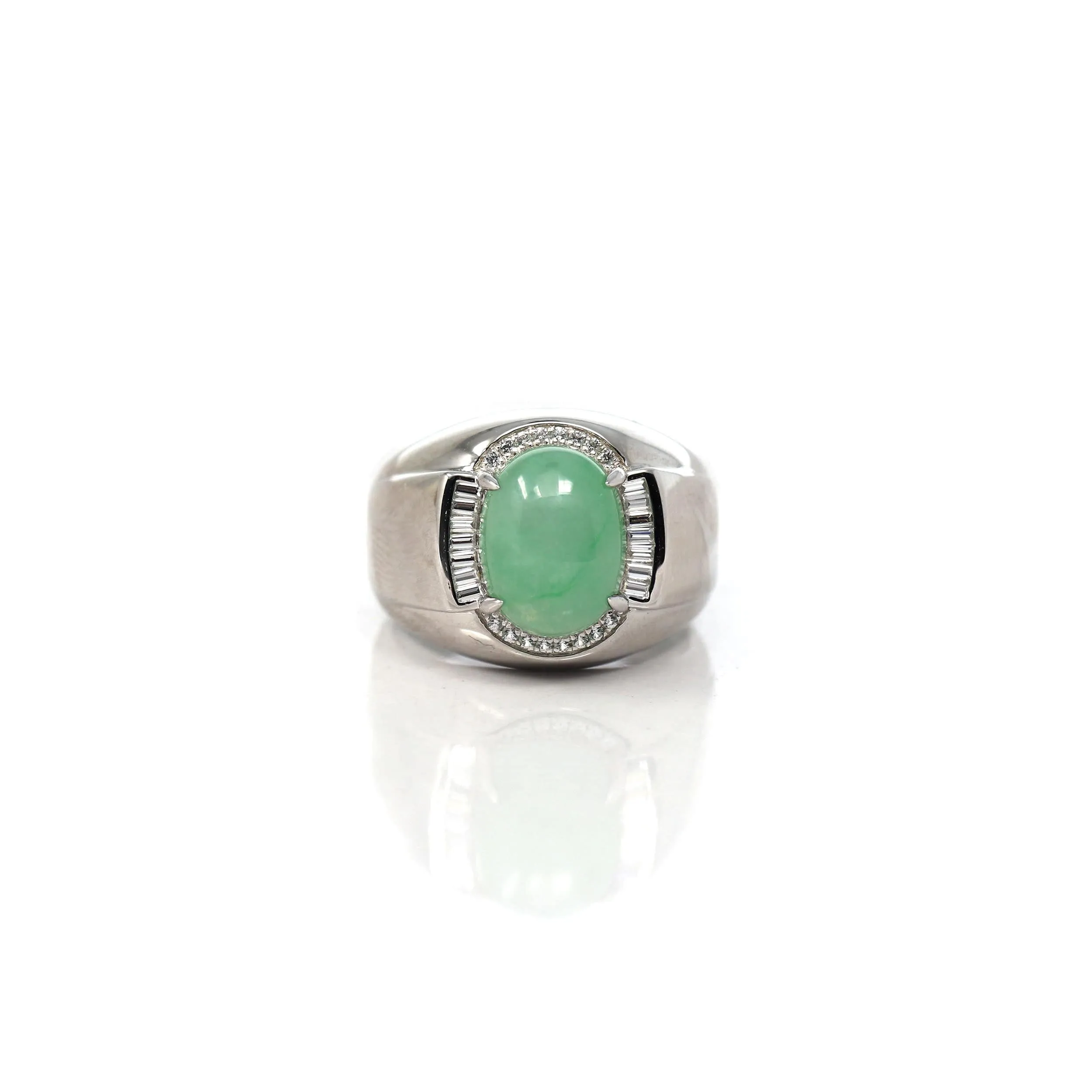RealJade® Co. Sterling Silver Genuine Green Jadeite Jade Men's Ring With Sapphire