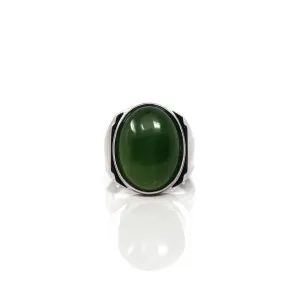 RealJade® Co. Sterling Silver Oval Green Nephrite Jade Men's Ring