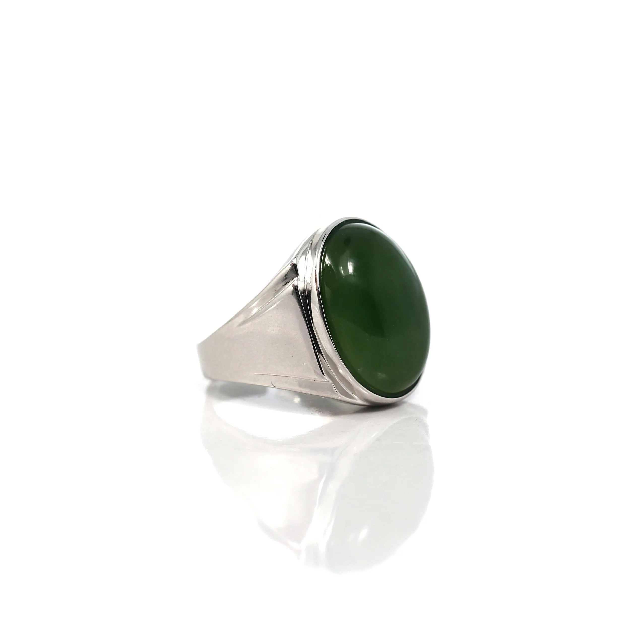 RealJade® Co. Sterling Silver Oval Green Nephrite Jade Men's Ring