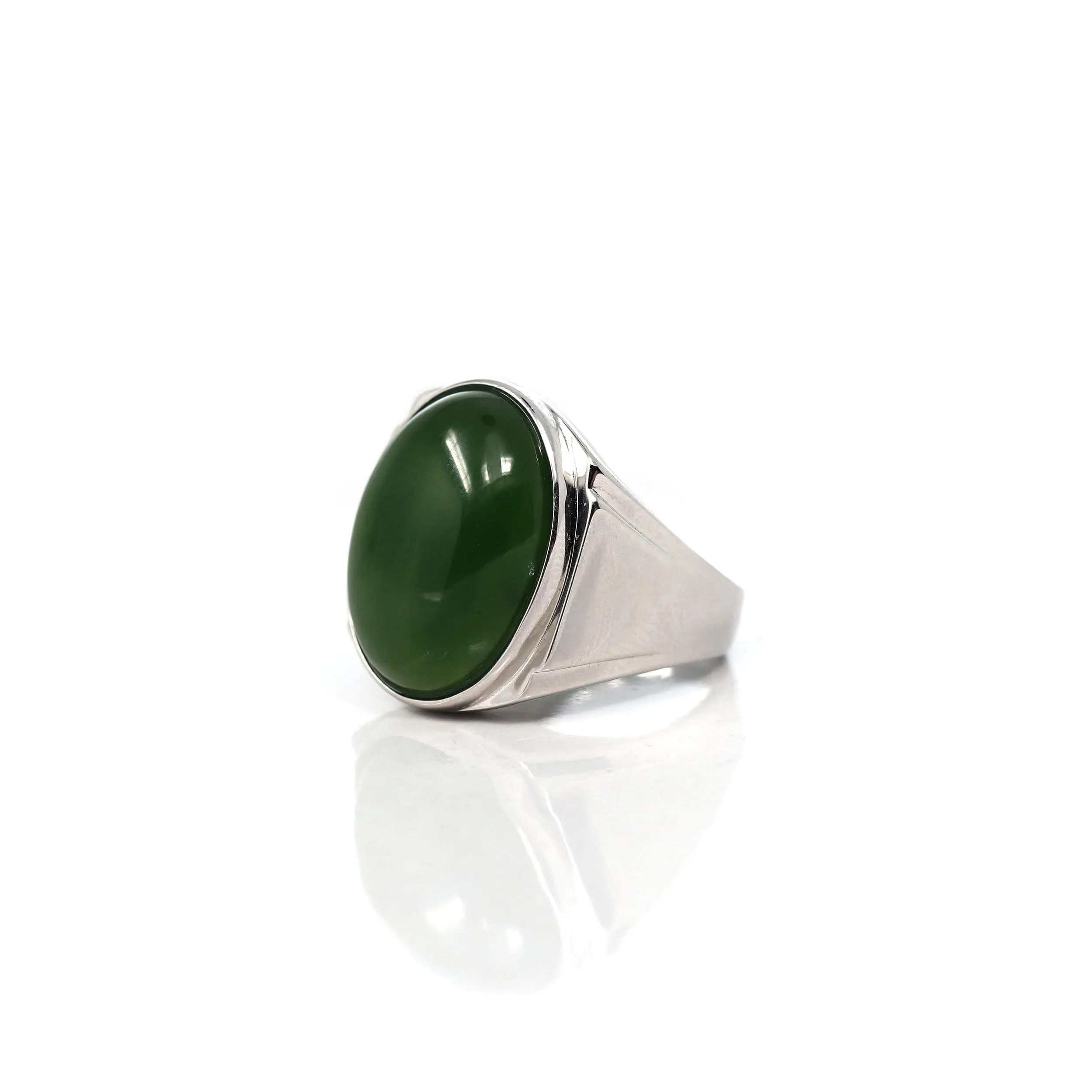 RealJade® Co. Sterling Silver Oval Green Nephrite Jade Men's Ring