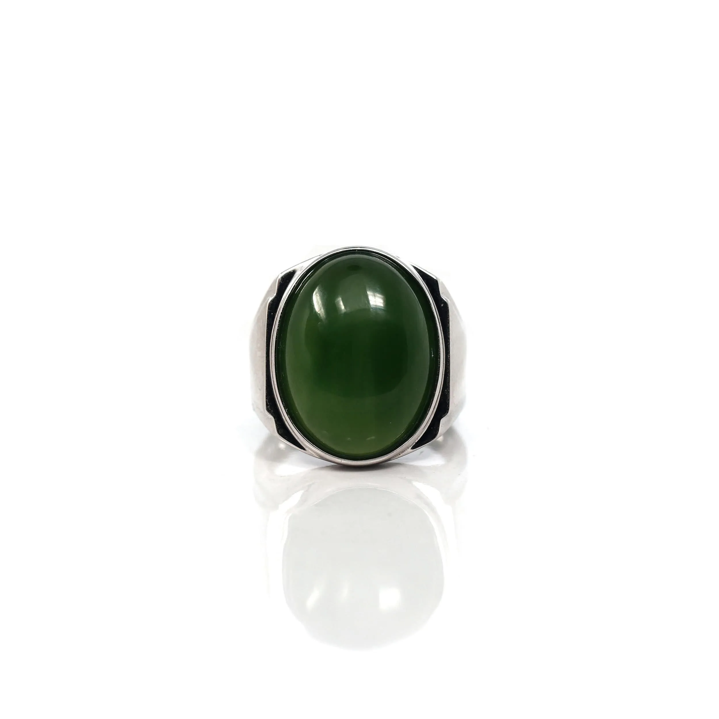 RealJade® Co. Sterling Silver Oval Green Nephrite Jade Men's Ring