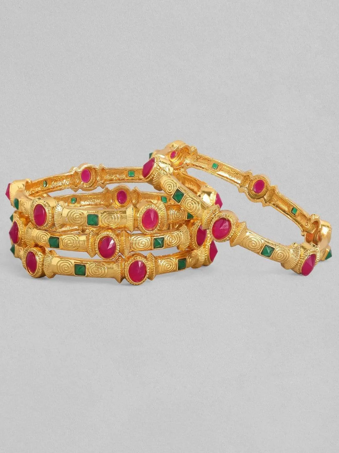 Rubans Set Of 4 24K Gold-Plated Red  Green Ruby-Studded Filgree Handcrafted Bangles