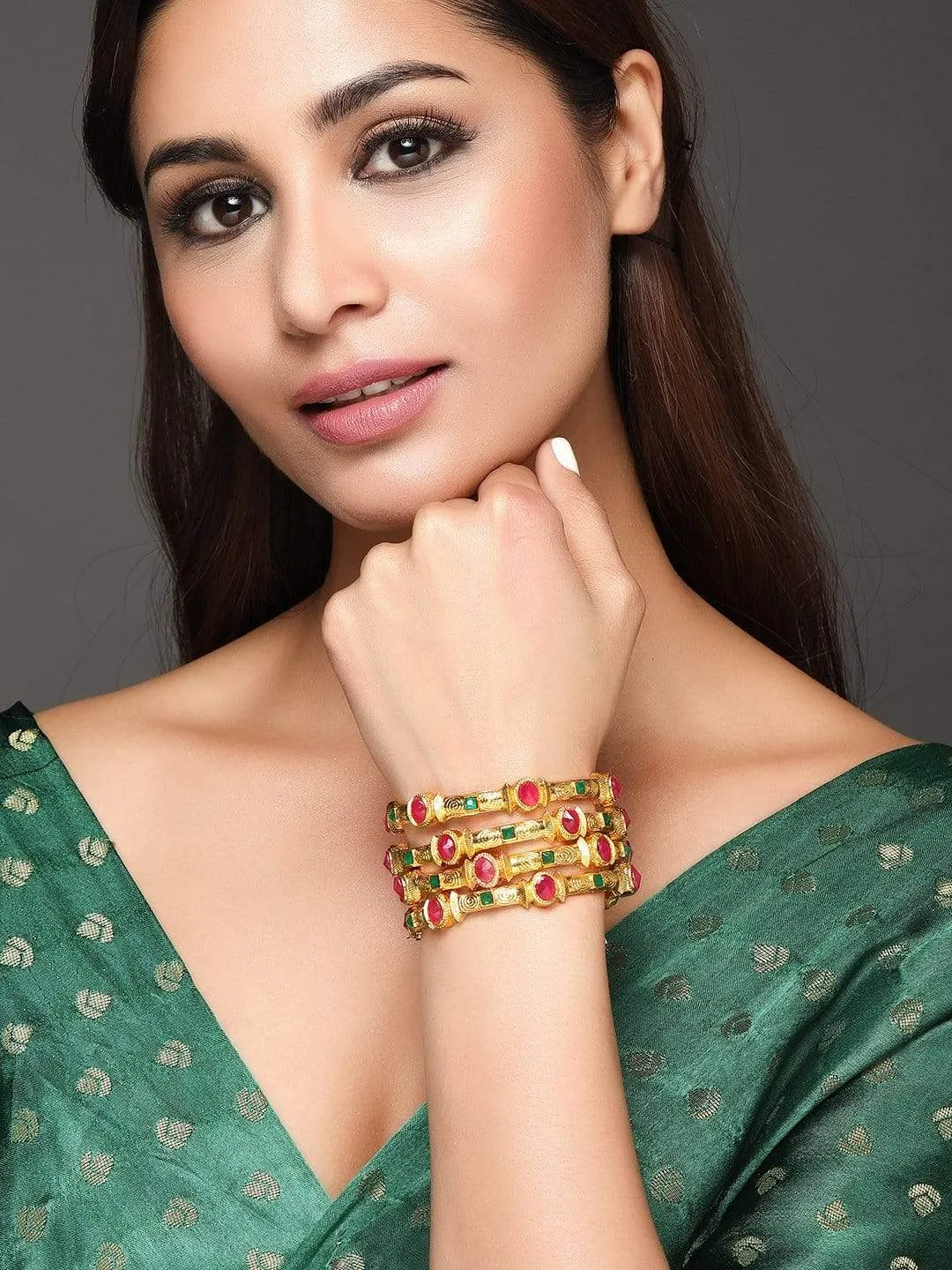 Rubans Set Of 4 24K Gold-Plated Red  Green Ruby-Studded Filgree Handcrafted Bangles