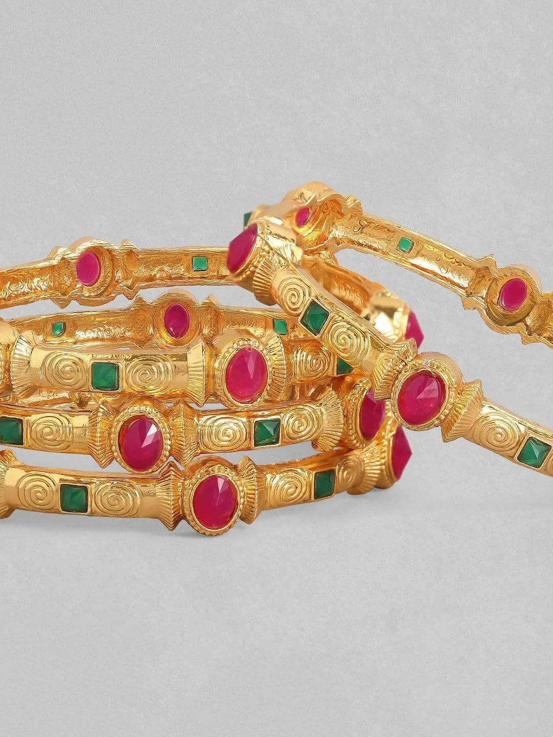 Rubans Set Of 4 24K Gold-Plated Red  Green Ruby-Studded Filgree Handcrafted Bangles