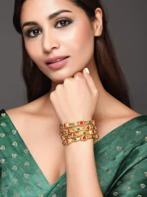 Rubans Set Of 4 24K Gold-Plated Red  Green Ruby-Studded Filgree Handcrafted Bangles