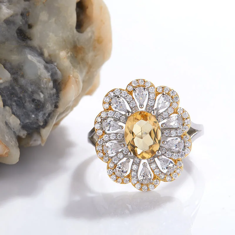 S925 Sterling Silver Inlaid Natural Citrine Flower Ring